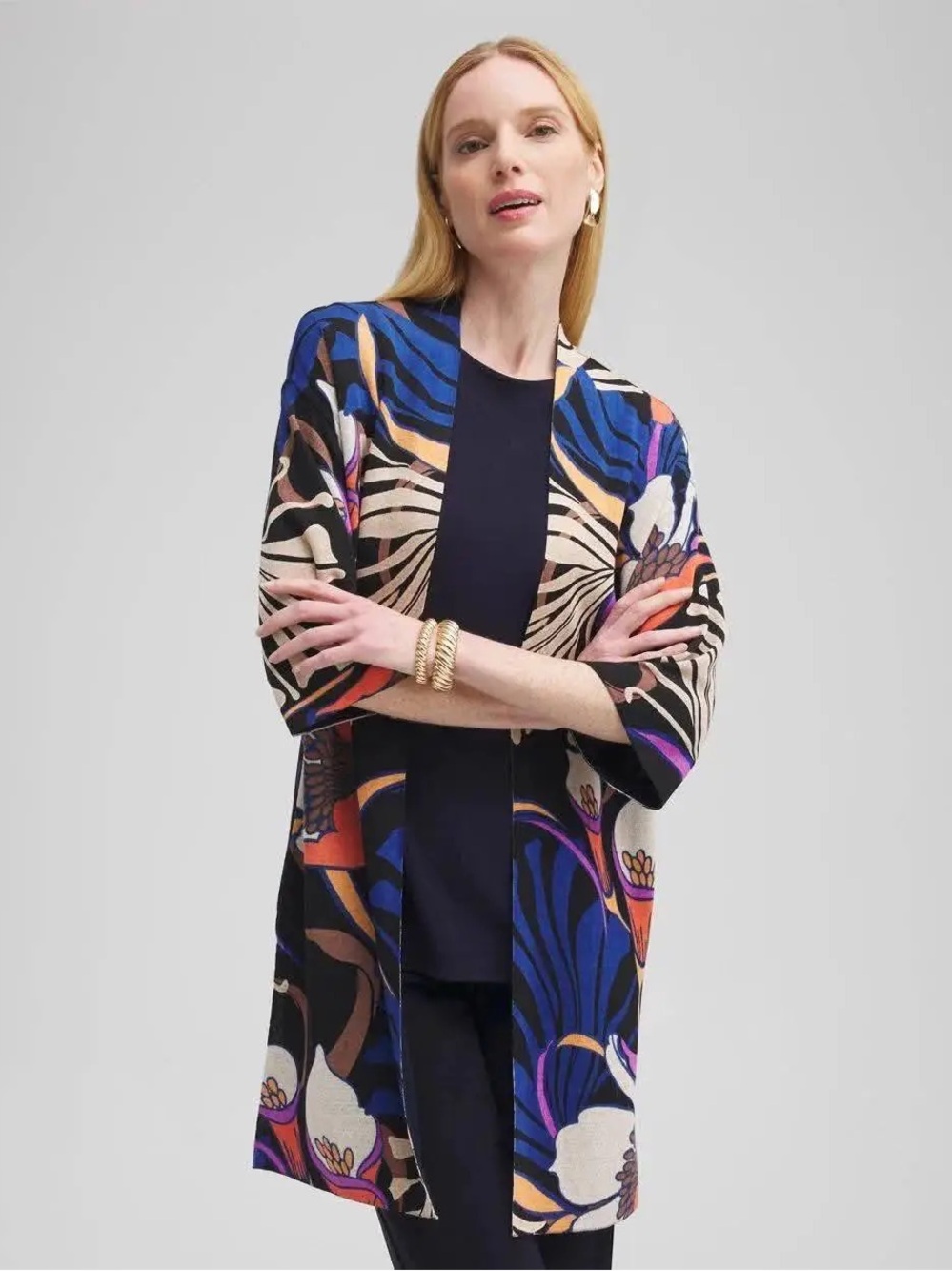 Chico's Travelers Floral Calla Lily Cardigan Size (3) XL 3/4 Sleeves Open Front